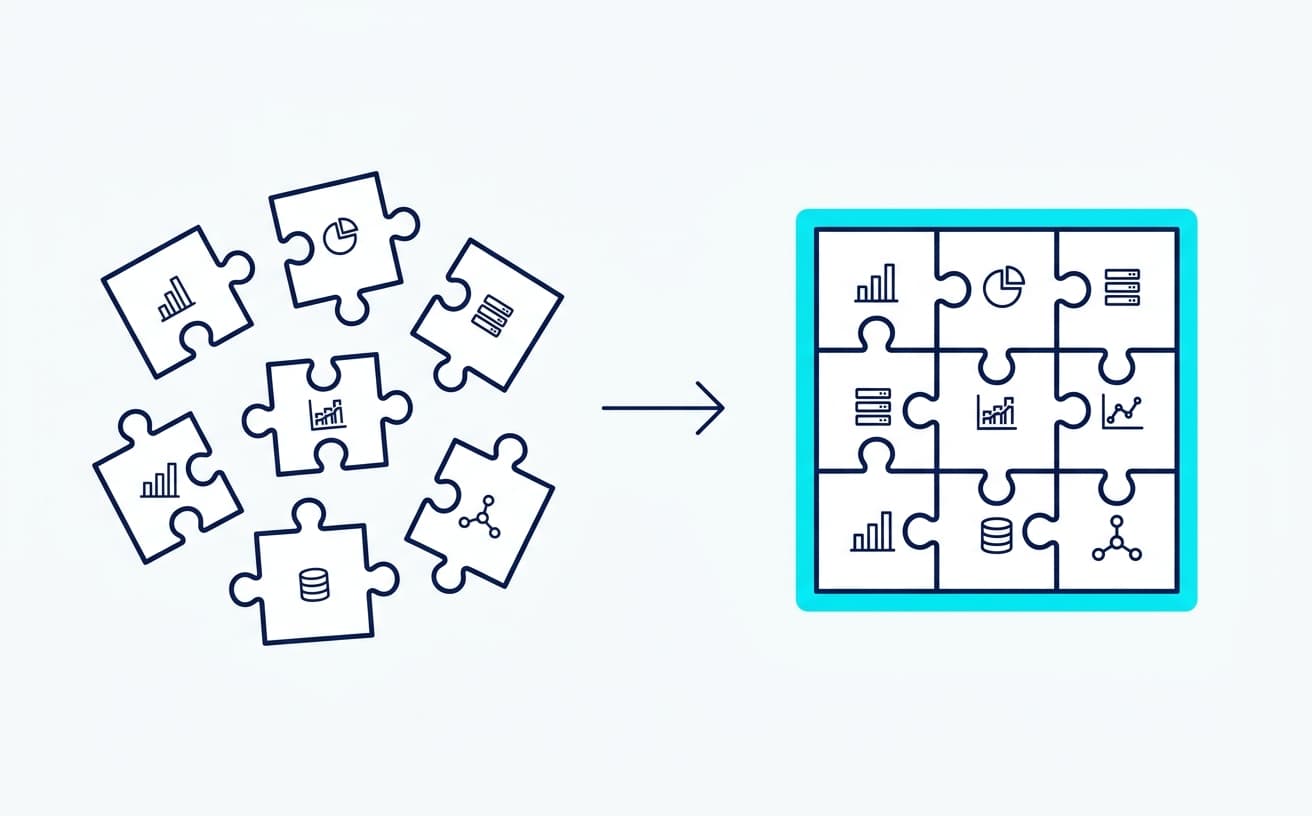 Puzzle pieces scattered and disconnected, then unified in a complete frame